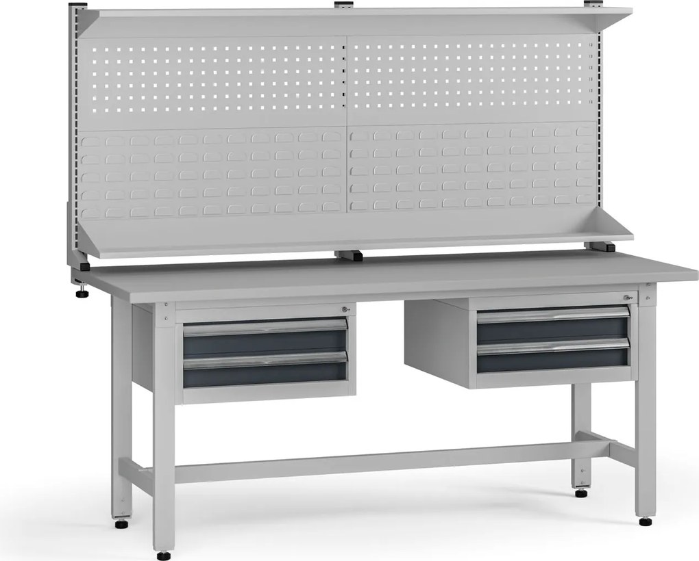 Výškovo nastaviteľný dielenský stôl G5 s nadstavbou, 1800 x 750 x 800-1000 mm, 2x kontajner, 4 zásuvky, grafit