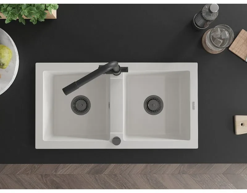 Mexen Mario, 2-komorový granitový drez 820x436x161 mm a čierna drezová batéria Duero, biela, 6504-20-671600-70