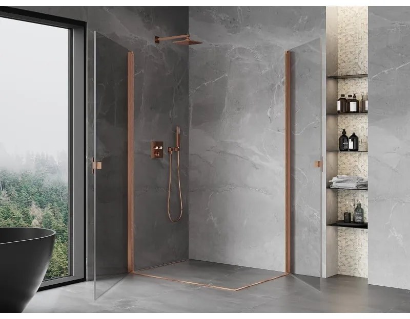 Mexen Mist-B Duo, 2-krídlový výklopný sprchový kút 85 x 70 cm, číre sklo, medený matný profil, 8A2-085-070-65-00