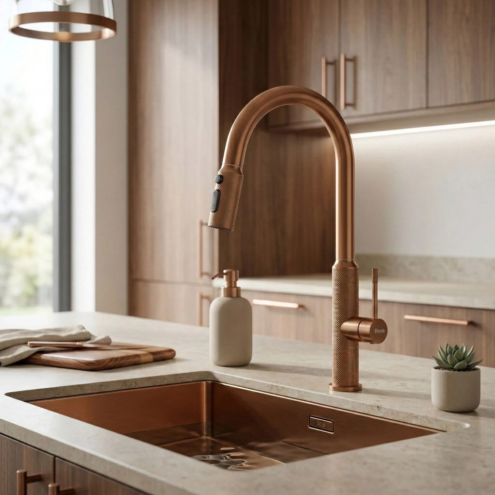 Rea Master, vysoká kuchynská batéria s výsuvným výtokom, medená matná, REA-B7203