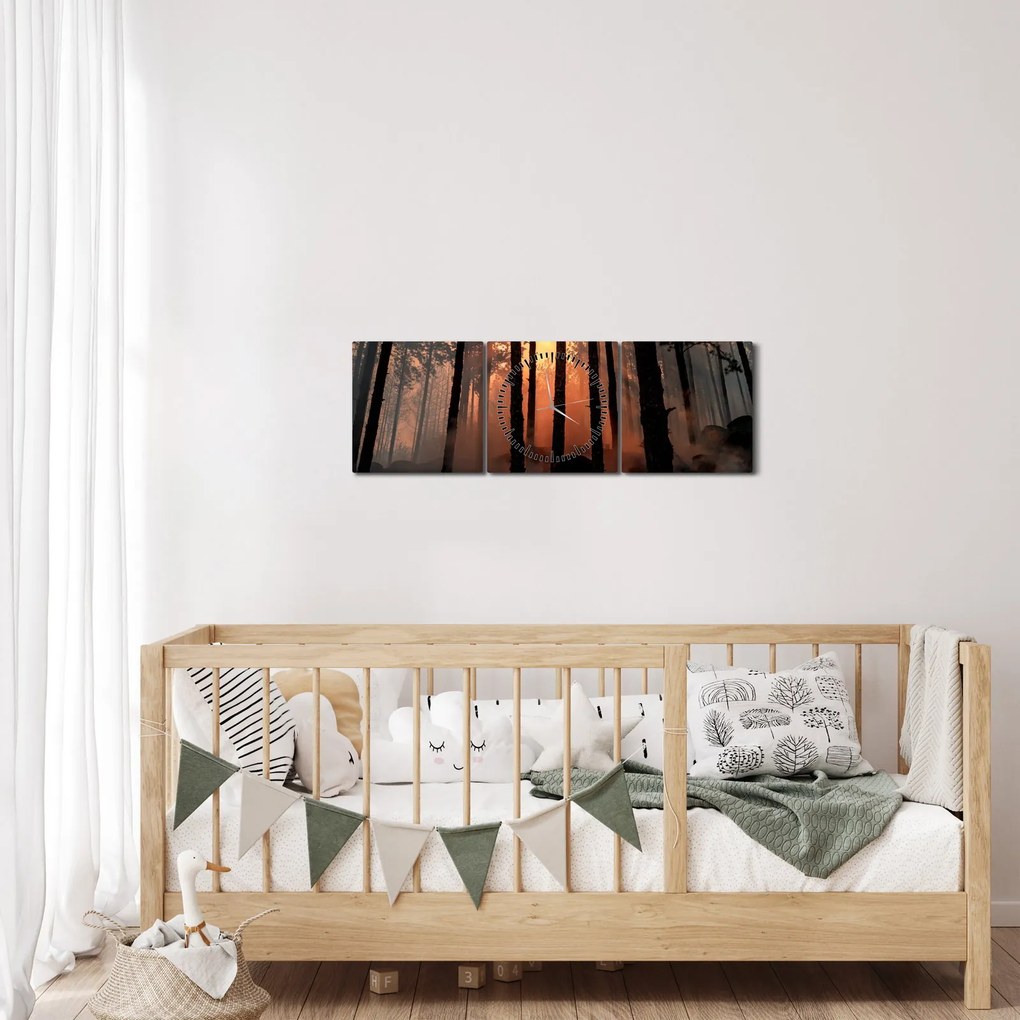 Obraz temného lesa (s hodinami) (90x30 cm)