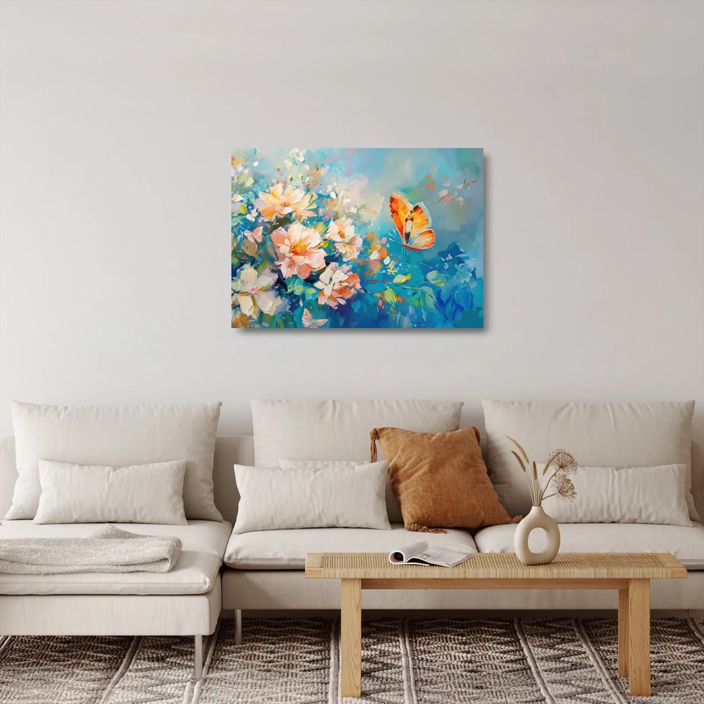 Sklenený obraz - Motýľ a kvety, olejomaľba II. (70x50 cm)