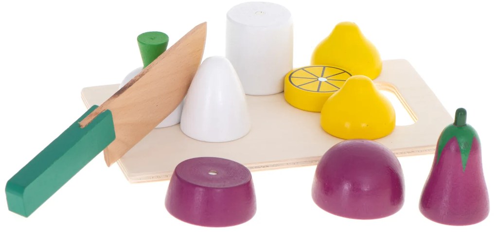 KIK Drevená magnetická zelenina na krájanie v krabici so škrabkou - detská kuchynská súprava