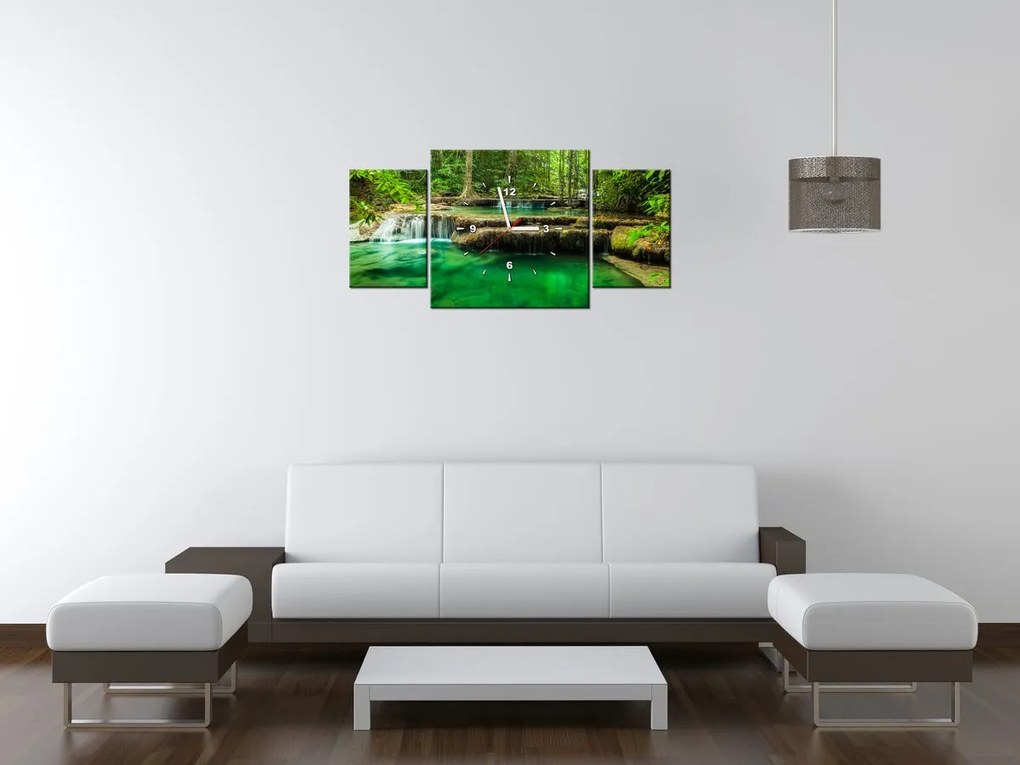 Gario Obraz s hodinami Vodopád Erawan v Thajsku - 3 dielny Rozmery: 90 x 70 cm