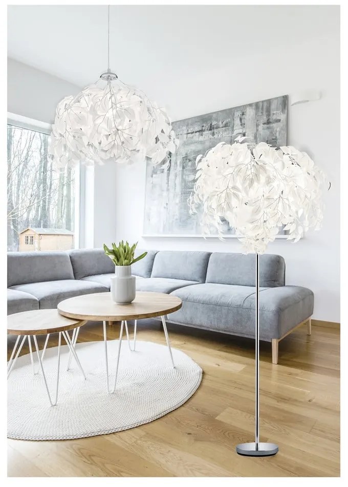 Biela stojacia lampa Trio Leavy, výška 180 cm
