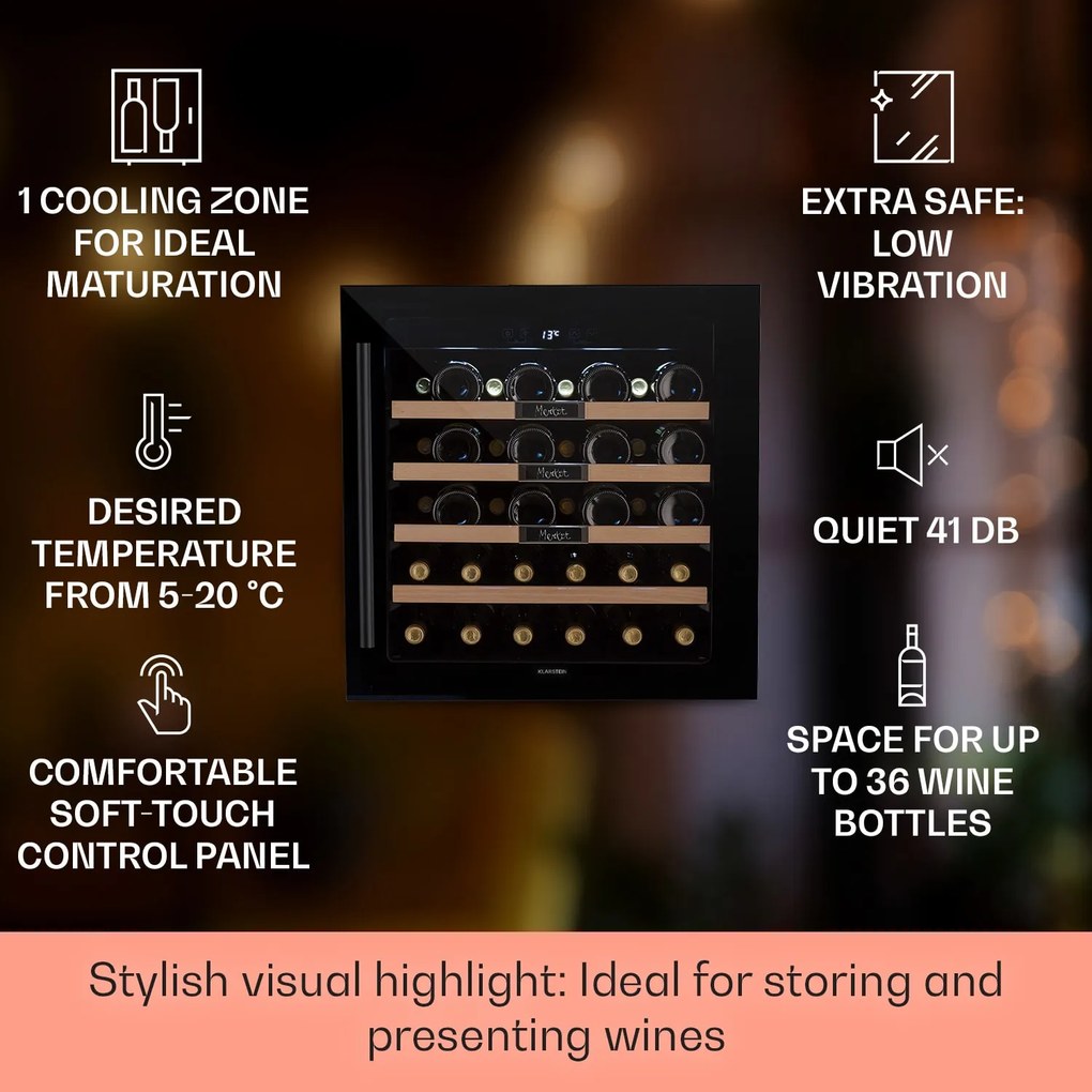 Klarstein Vinsider 36 Built-In Uno, vstavaná vinotéka, 92 l, 36 fliaš, nehrdzavejúca oceľ