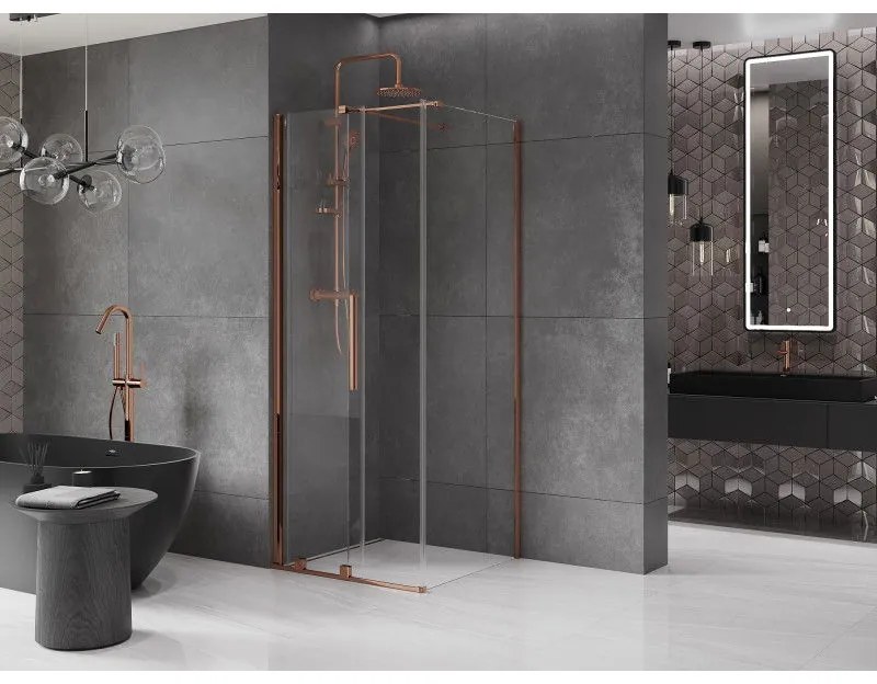 Mexen Velar, sprchový kút s posuvnými dverami 100(dvere) x 100(stena) cm, 8mm číre sklo, ružové zlato, 871-100-100-01-60