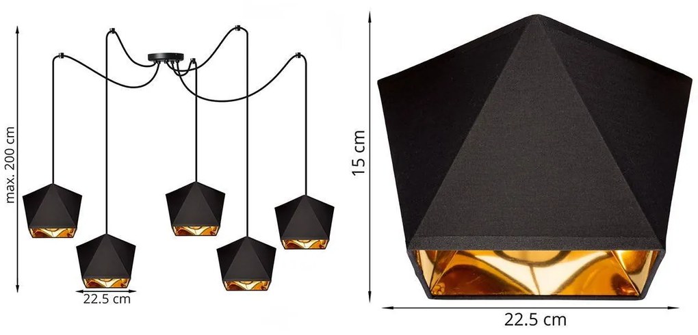 Závesné svietidlo Diamond gold spider, 5x čierne/zlaté textilné tienidlo