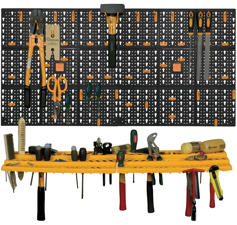 Plastová dielenská stena na náradie s policou s 50 háčikmi na náradie