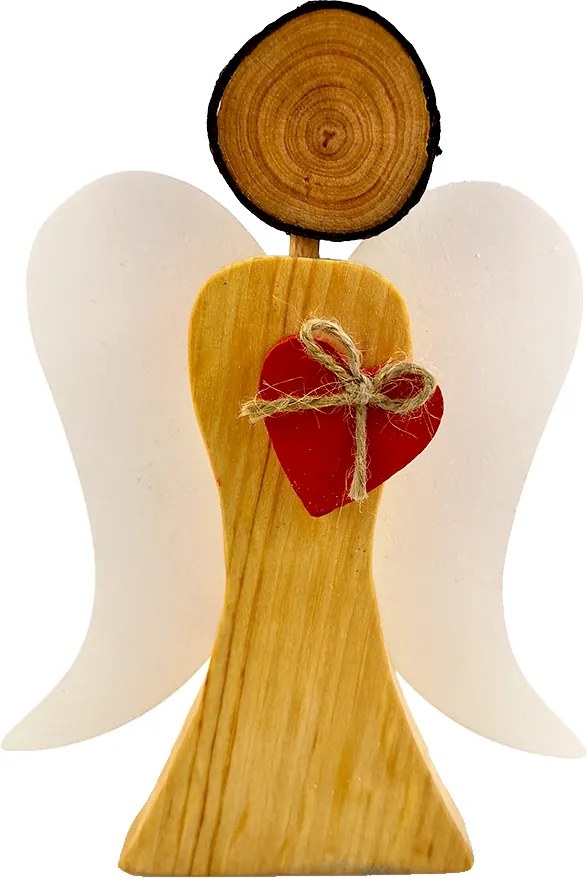 AMADEA Drevený anjel s bielymi krídlami a červeným srdcom, masívne drevo, 17x13,5x2 cm