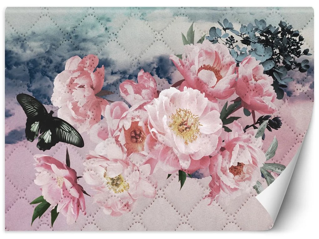 Gario Fototapeta Kvety pivonky a motýľa na prešívanej pastelovej textúre Materiál: Vliesová, Rozmery: 450 x 315 cm