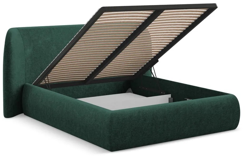 Tmavozelená čalúnená dvojlôžková posteľ s úložným priestorom s roštom 140x200 cm Hauke – Makamii