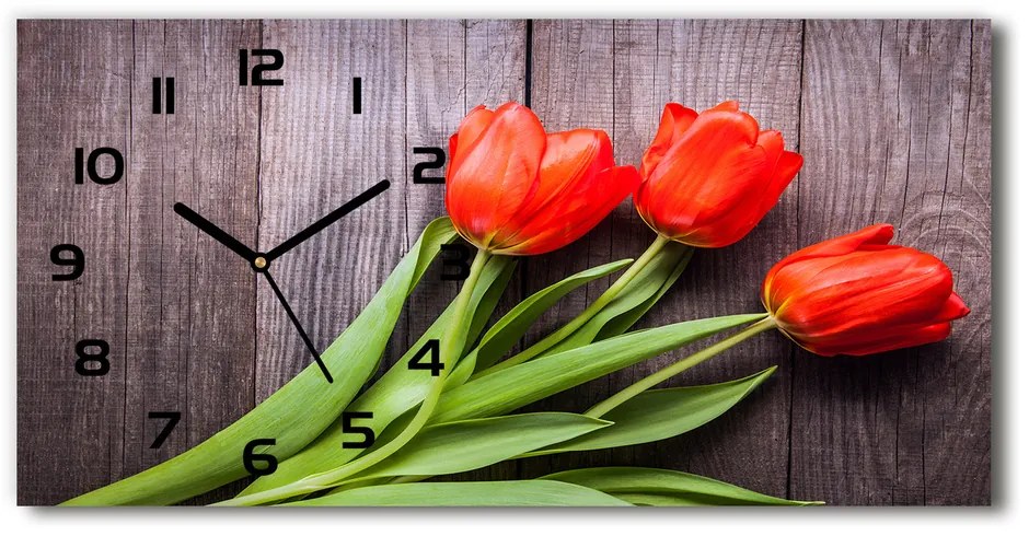 Vodorovné Sklenené hodiny na stenu Červené tulipány pl_zsp_60x30_f_137777387