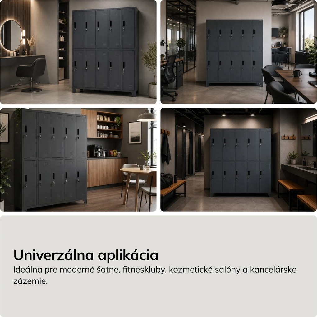 Kovová šatní skriňa na oblečenie BHP 10-dverová BARTEK 1360 x 1720 x 450 mm, antracitová