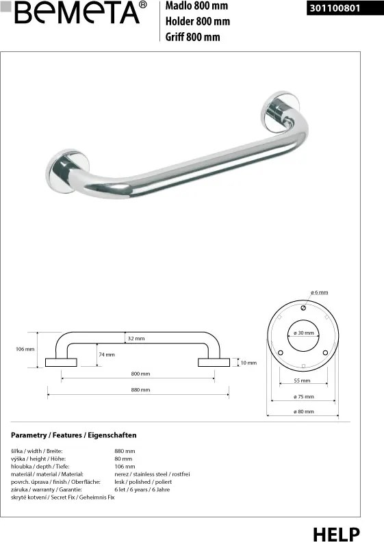 Bemeta Design HELP: Madlo, 800 mm, s krytkou, nerez, lesk - 301100801