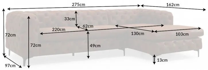 Dizajnová rohová sedačka Rococo 275 cm antik hnedá - pravá