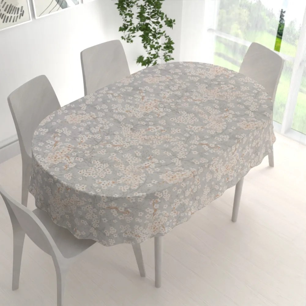 Biante Bavlnený oválny obrus Sandra SA-634 Biele čerešňové kvety na sivom 140x220 cm