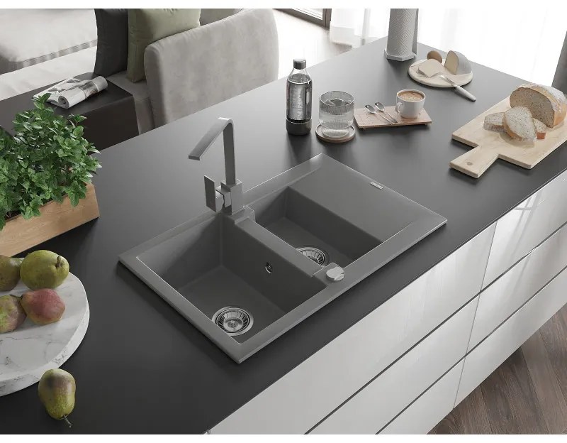 Mexen Gaspar, granitový drez 737x475x177 mm, 1,5-komorový a šedá batéria Rita, šedá, 6507-71-670300-71