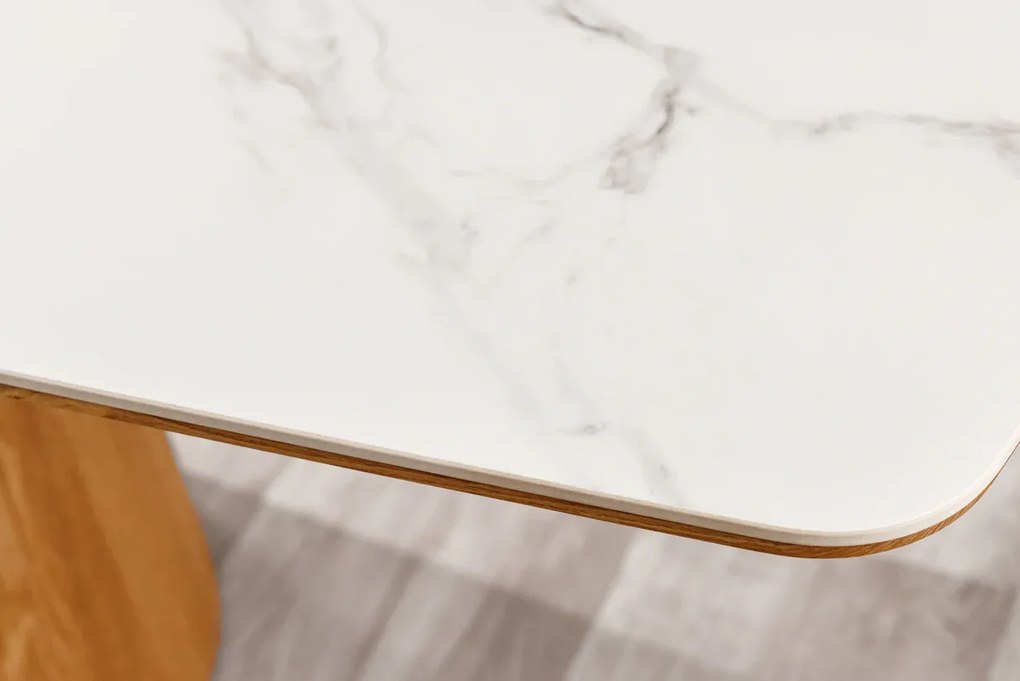 Jedálenský stôl UNIQUE 200 cm rám z dubového dreva s dyhovanou keramikou a doskou z bieleho mramoru