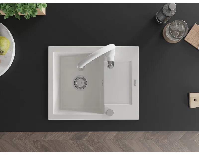 Mexen Enzo, 1-komorový granitový drez 576x465x174 mm a drezová batéria Savita, biela, 6506-20-672601-20