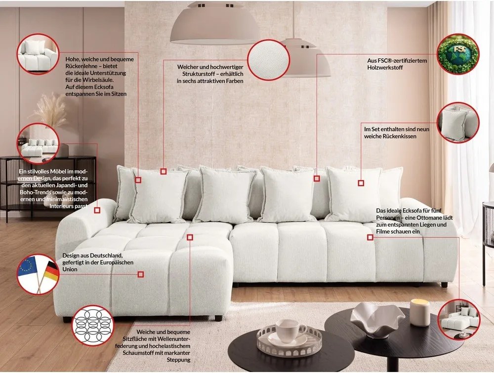 Biela rohová pohovka (ľavý roh/s leňoškou) Albane – Ropez