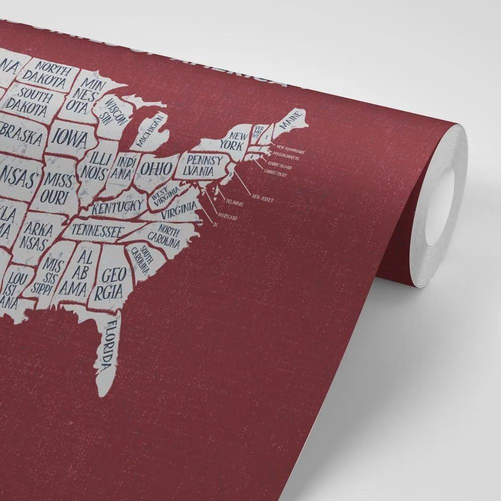 Samolepiaca tapeta náučná mapa USA s bordovým pozadím - 375x250