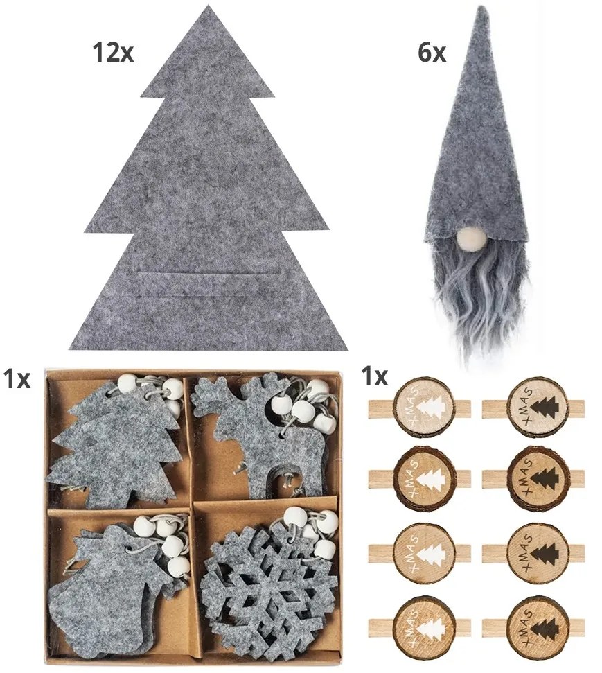 Sada 42 ks vánočních dekorací Frost šedá