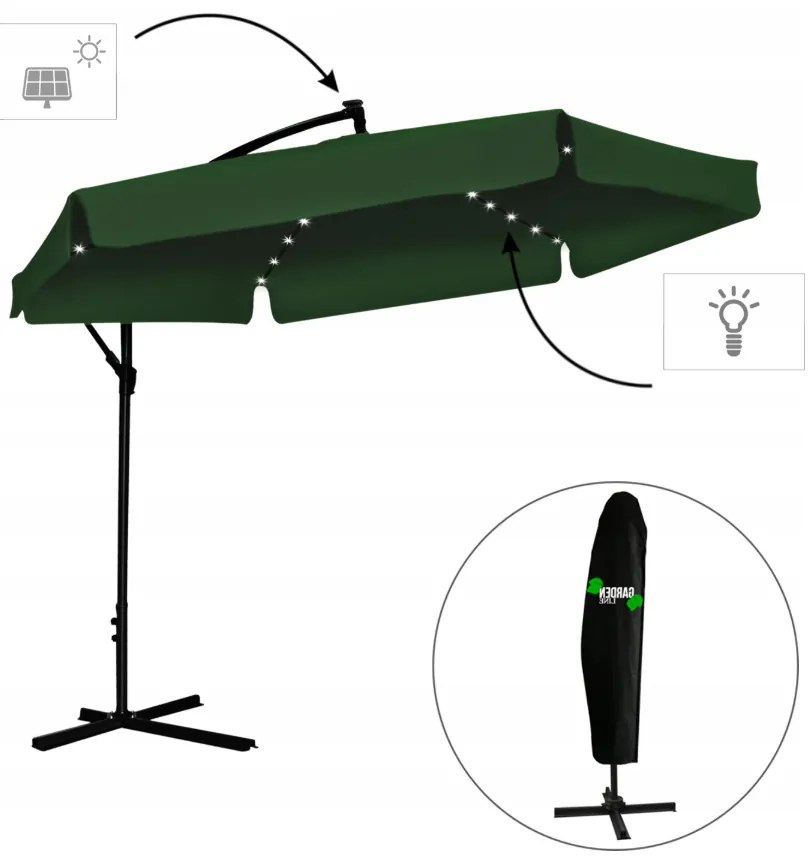 Zelený záhradný slnečník so stojanom a LED osvetlením