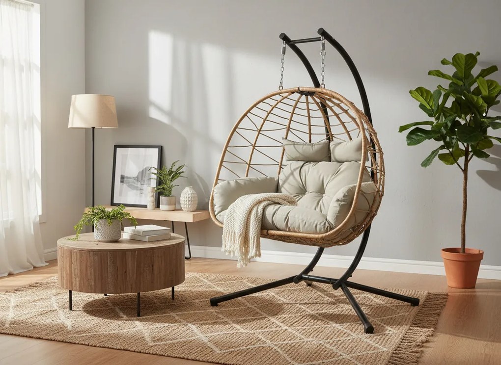 CH LUVO BROWN DVOJITÁ SKLADACIA ZÁVESNÁ STOLIČKA, VANKÚŠ – SVETLOŠEDÁ, RÁM – ČIERNY