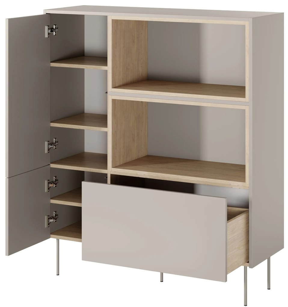 Komoda Desin 120 cm s otvorenými policami a zásuvkou - kašmír / dub nagano