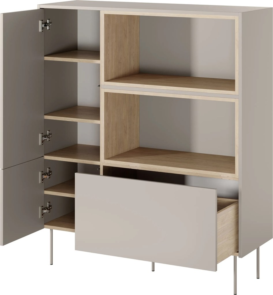 Vysoká komoda Desin 120 cm s dvoma dverami a zásuvkou - kasmír / dub Nagano