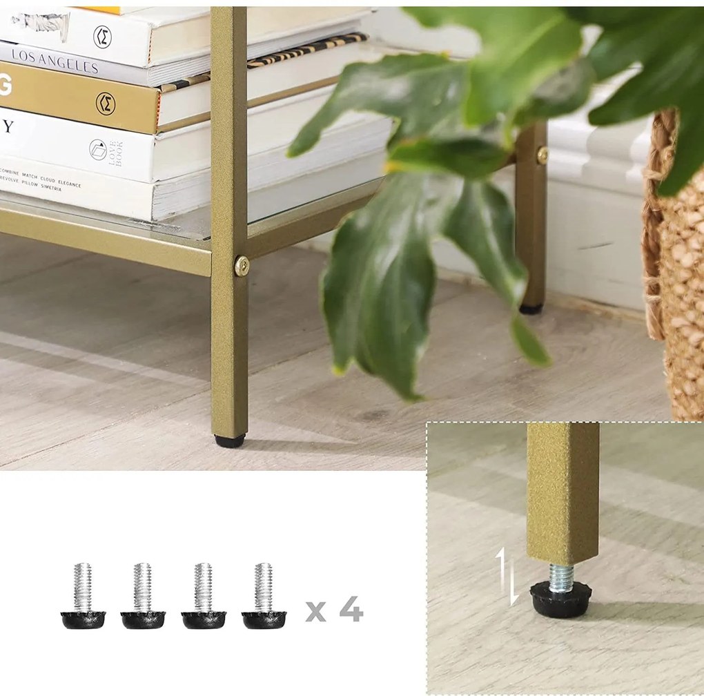 Sklenený konzolový stolík, s kovovým rámom, zlatá farba