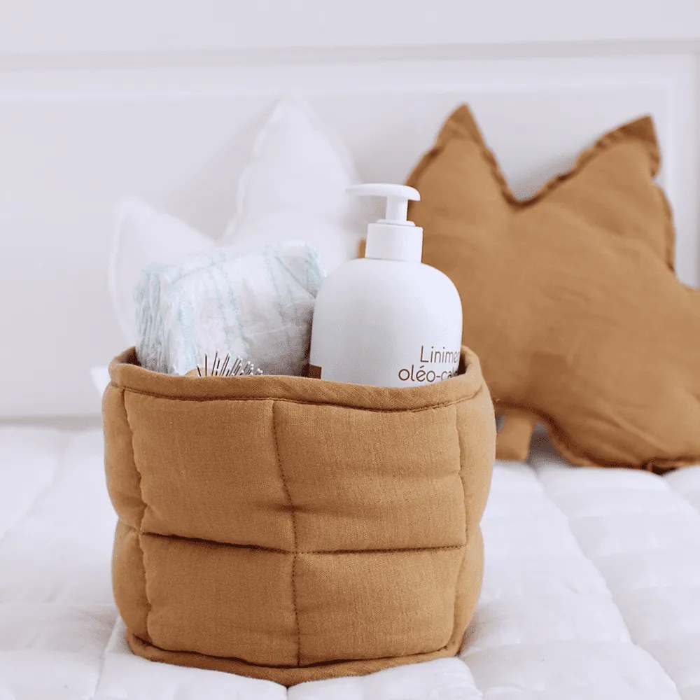 Ľanový prešívaný košík karamelový o 20 cm