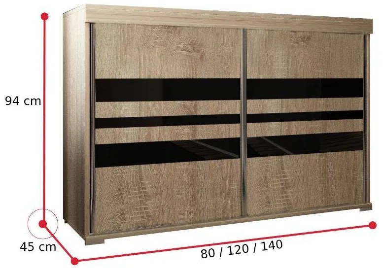 Komoda MADRID 6, 140x94x45, dub sonoma/čierne sklo