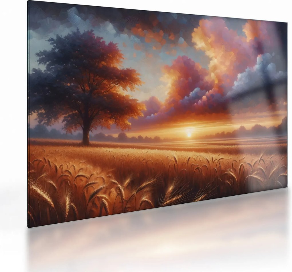 Sklenený obraz – Západ slnka na poli (70x50 cm)