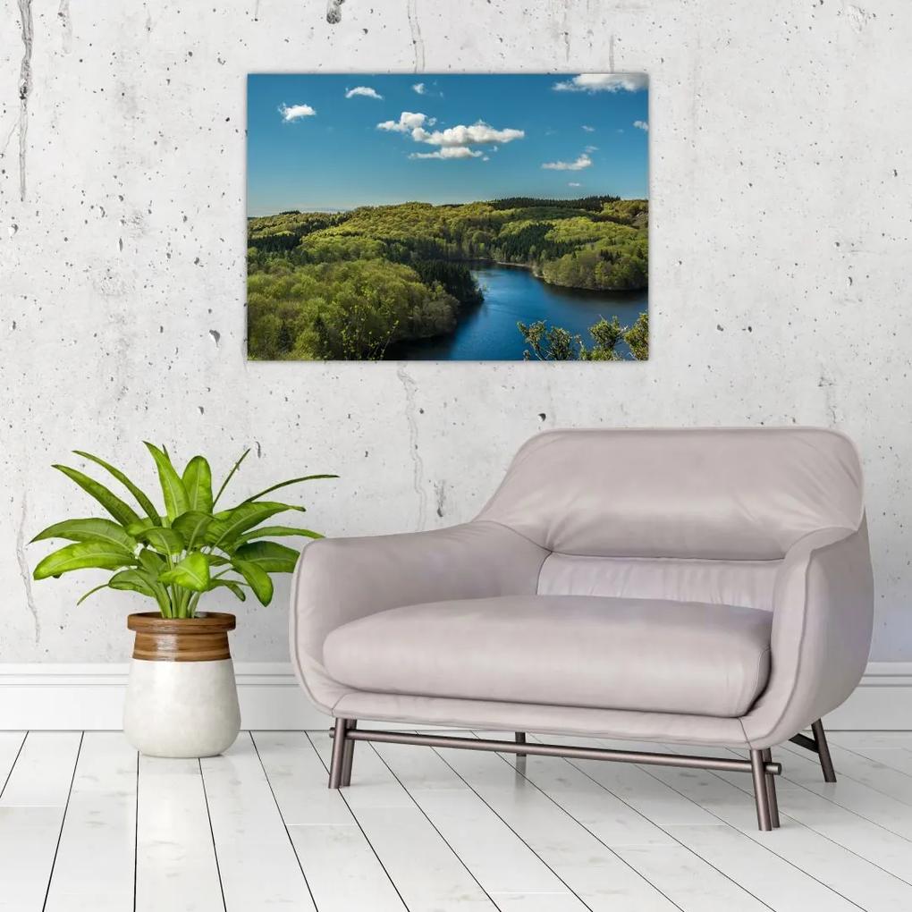 Sklenený obraz - Jazero v lesoch (70x50 cm)