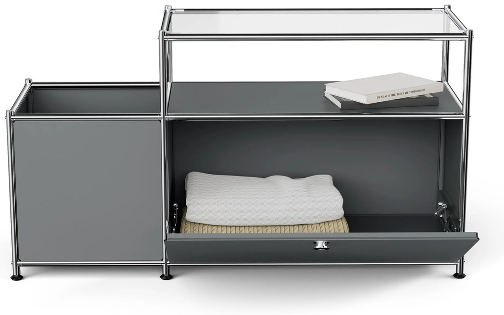 Kovová nízka skrinka »CN3« s výklopným priečinkom a sklenenou doskou, sivá