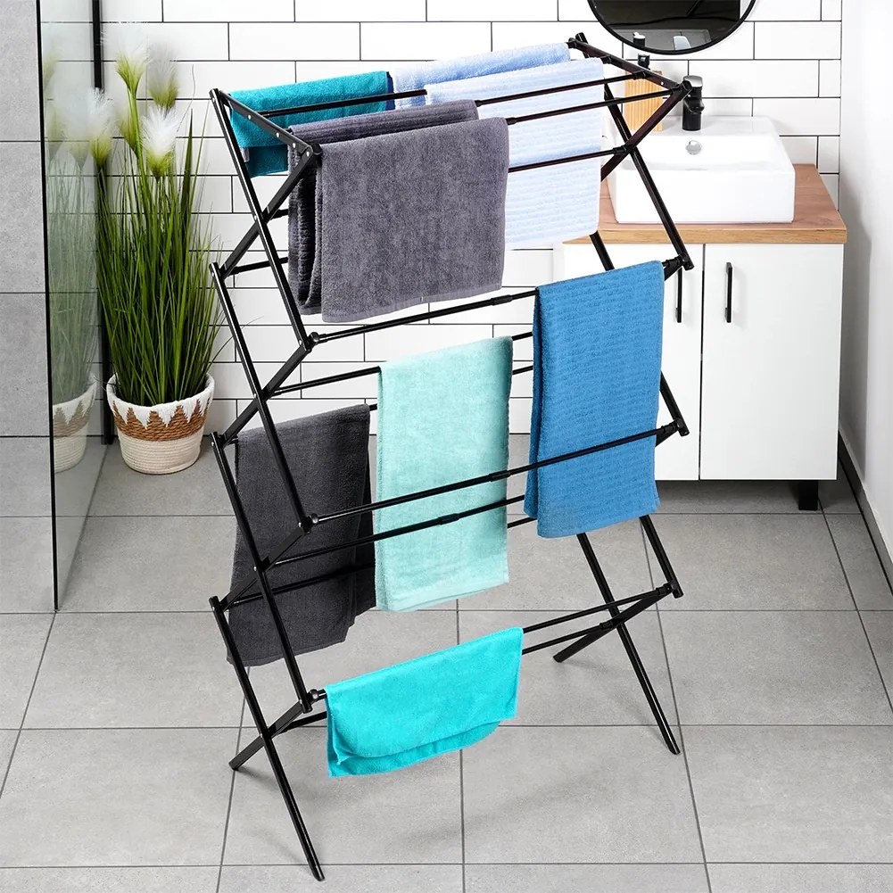 VILDE Sušiak na bielizeň, skladací, čierny kov VILDE, 8 poschodí, 43 - 75 x 37,5 x 139 cm