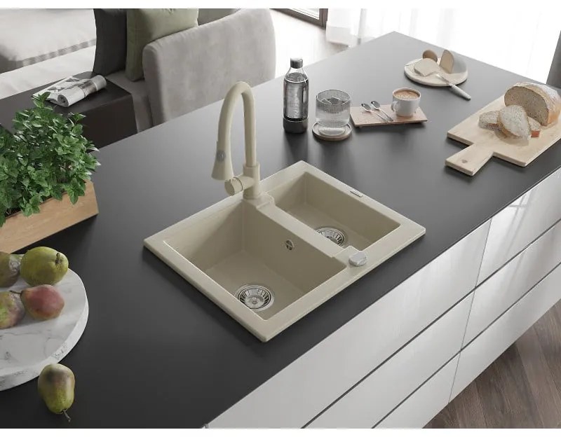 Mexen Carlos, 1,5-komorový granitový drez 582x475x177 mm a drezová batéria Elia, béžová, 6518-69-670101-69