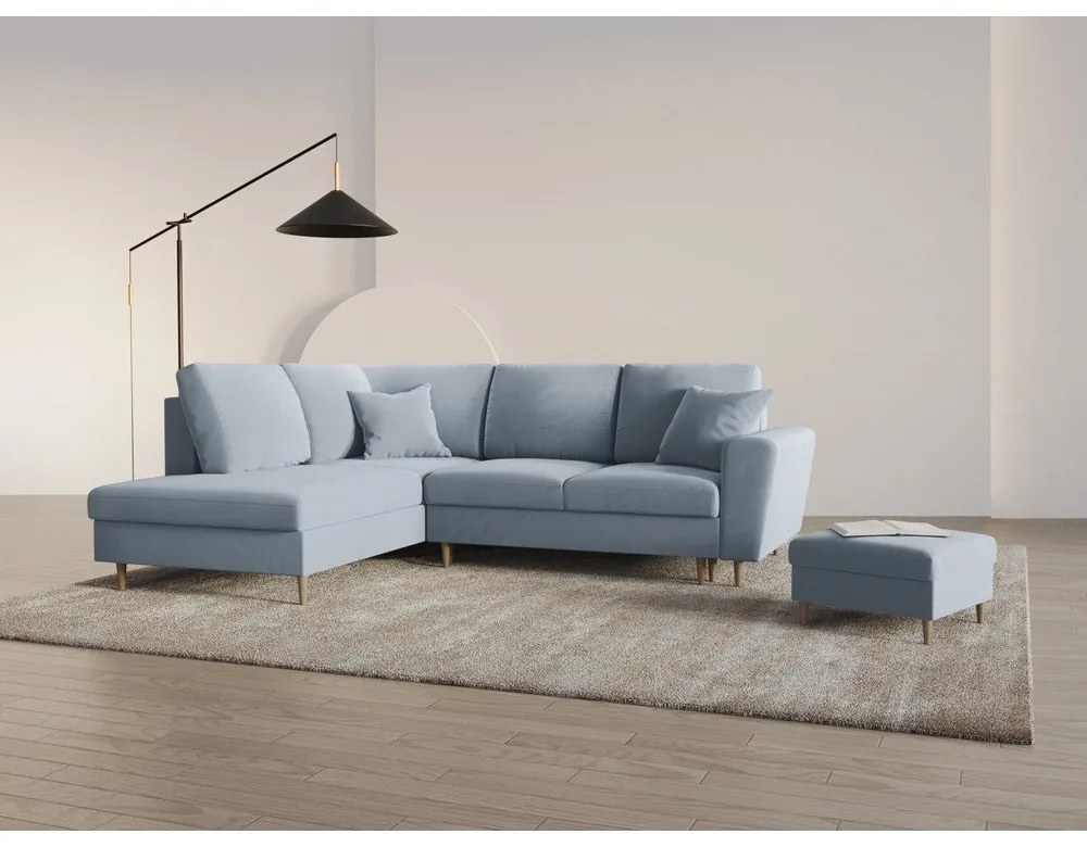 Svetlomodrá zamatová rozkladacia/s úložným priestorom rohová pohovka (ľavý roh/do L) Kyoto – Cosmopolitan Design