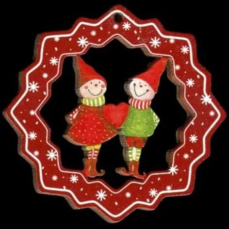 AMADEA Drevená ozdoba farebná vločka so škriatkami 6 cm