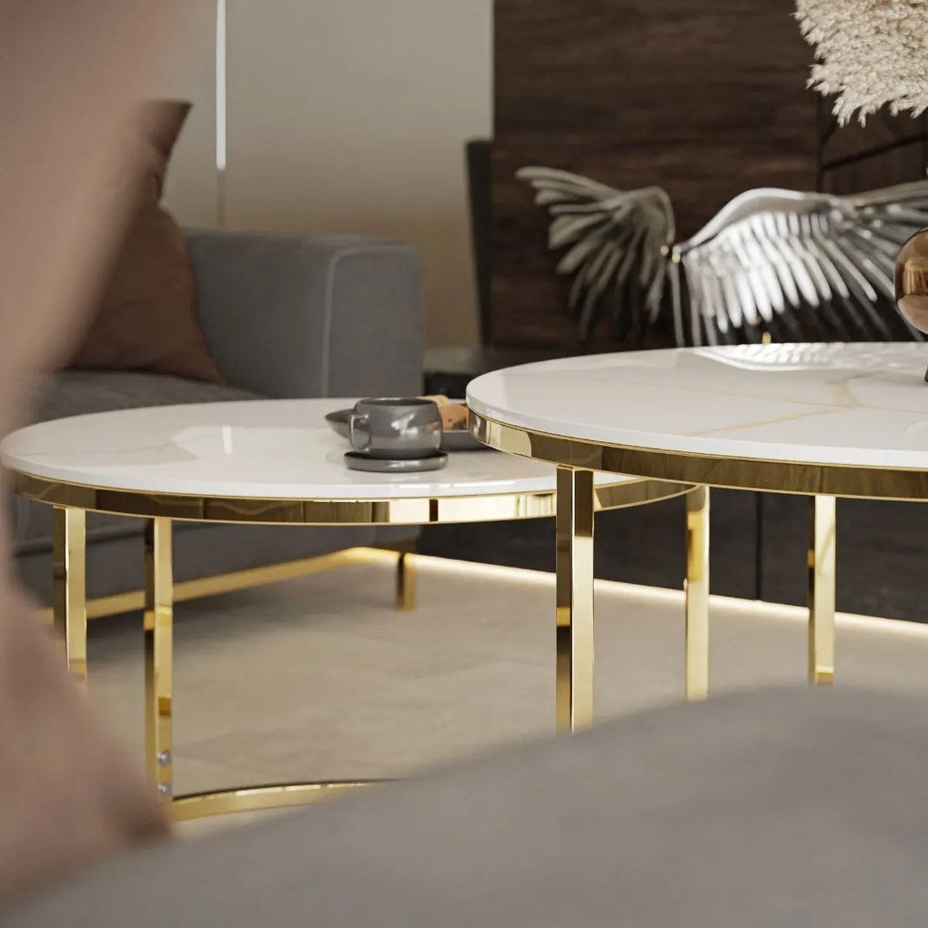 EXKLUZÍVNY KONFERENČNÝ STOLÍK SALEEM 2 v 1 BIELY MRAMOR + ZLATÝ PODSTAVEC