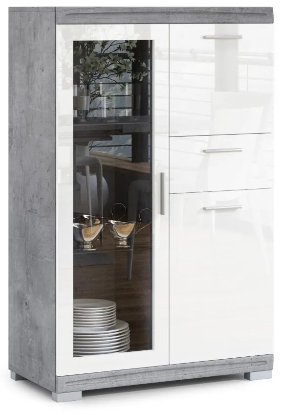 Komoda SIMPLE KWD3SZ1 BETON/LESKLÁ BIELA