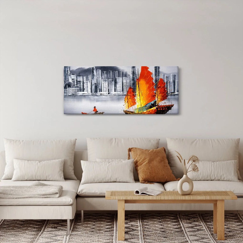 Obraz - Victoria Harbor, Hong Kong, čiernobiela olejomaľba (120x50 cm)