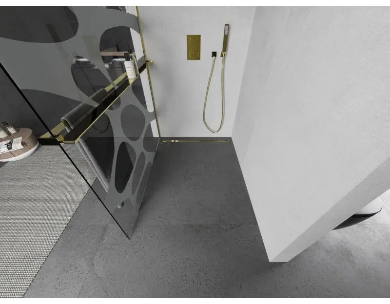 Mexen Kioto+, sprchová zástena s poličkou a držiakom na uteráky 70 x 200 cm, 8mm číre sklo vzor biely, zlatý profil 800-070-121-50-97