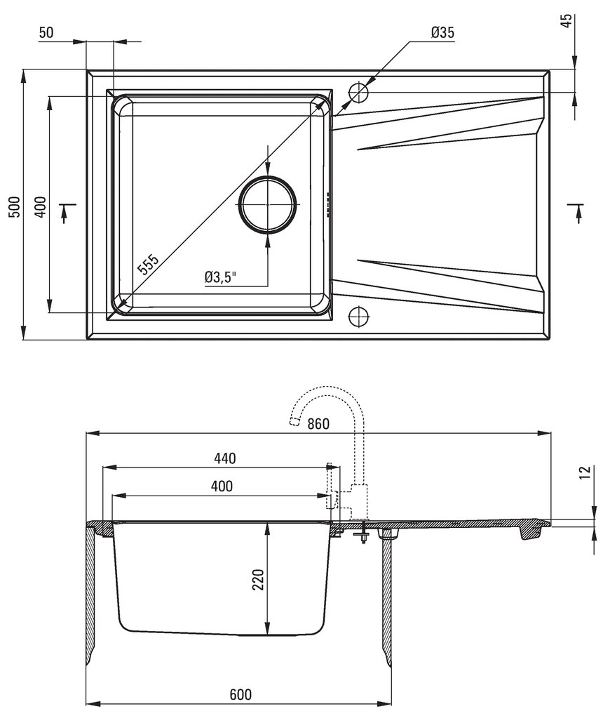 Deante Prime, granitovo-nerezový drez 860x500x220 mm, 3,5" + priestorovo úsporný sifón, 1-komorový, antracitová metalíza, ZSR_T113