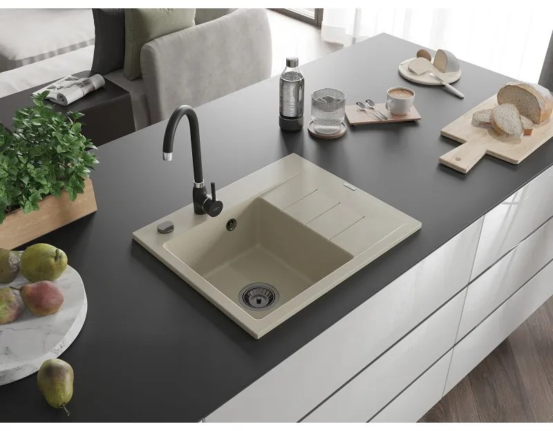 Mexen Ben, 1-komorový granitový drez 600x500x190 mm, ľavý + čierny sifón, béžová, 6522605000-69-B