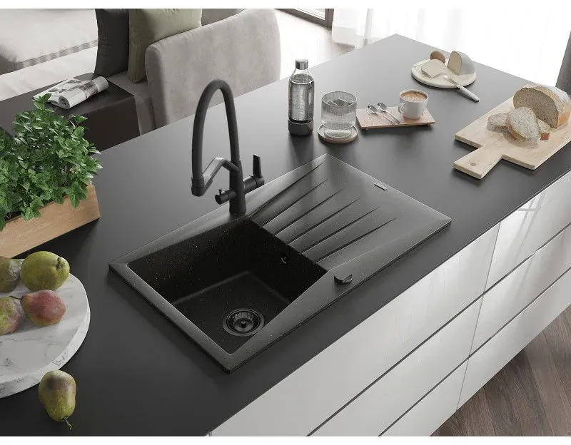 Mexen Cesar, 1-komorový granitový drez 775x470x190 mm a drezová batéria Duo, čierna-zlatá metalíza, 6514-75-671701-70-B