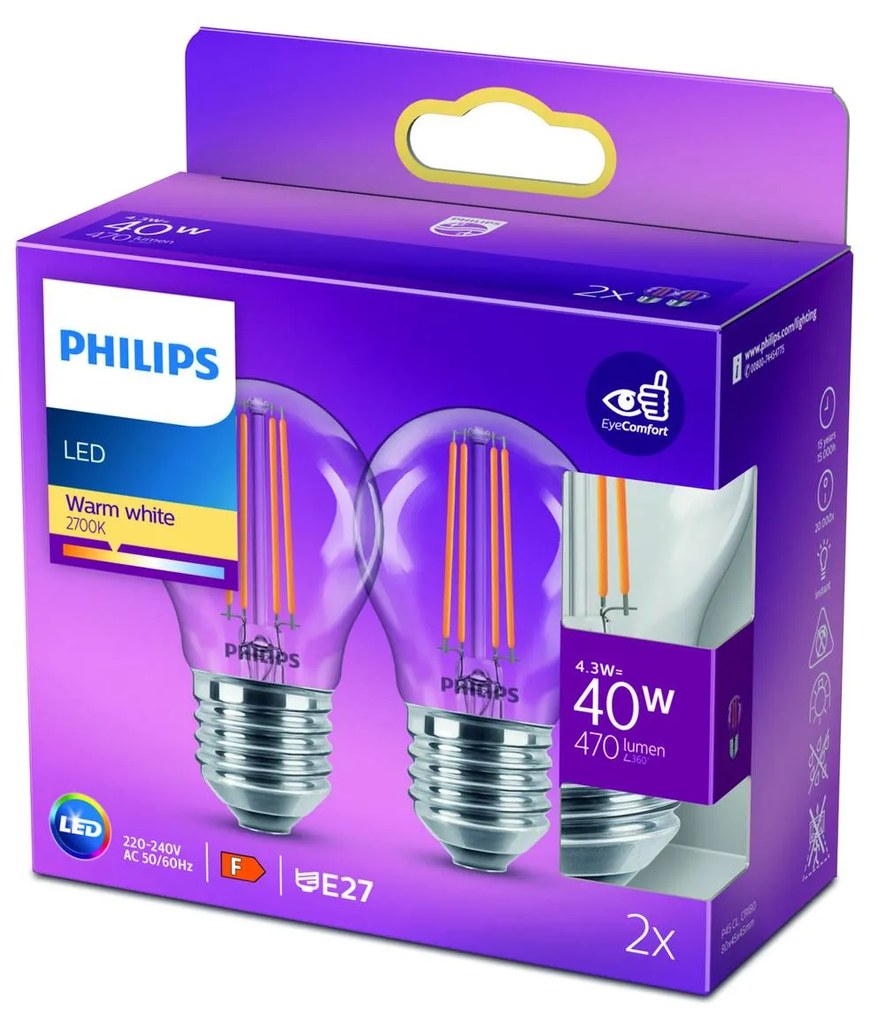 Philips LED žiarovka E27 4,3 W filament 2700K 2ks