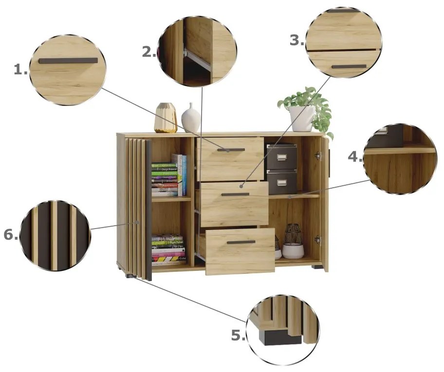 Komoda 120 cm, farba dub craft so zásuvkami a úchytkami